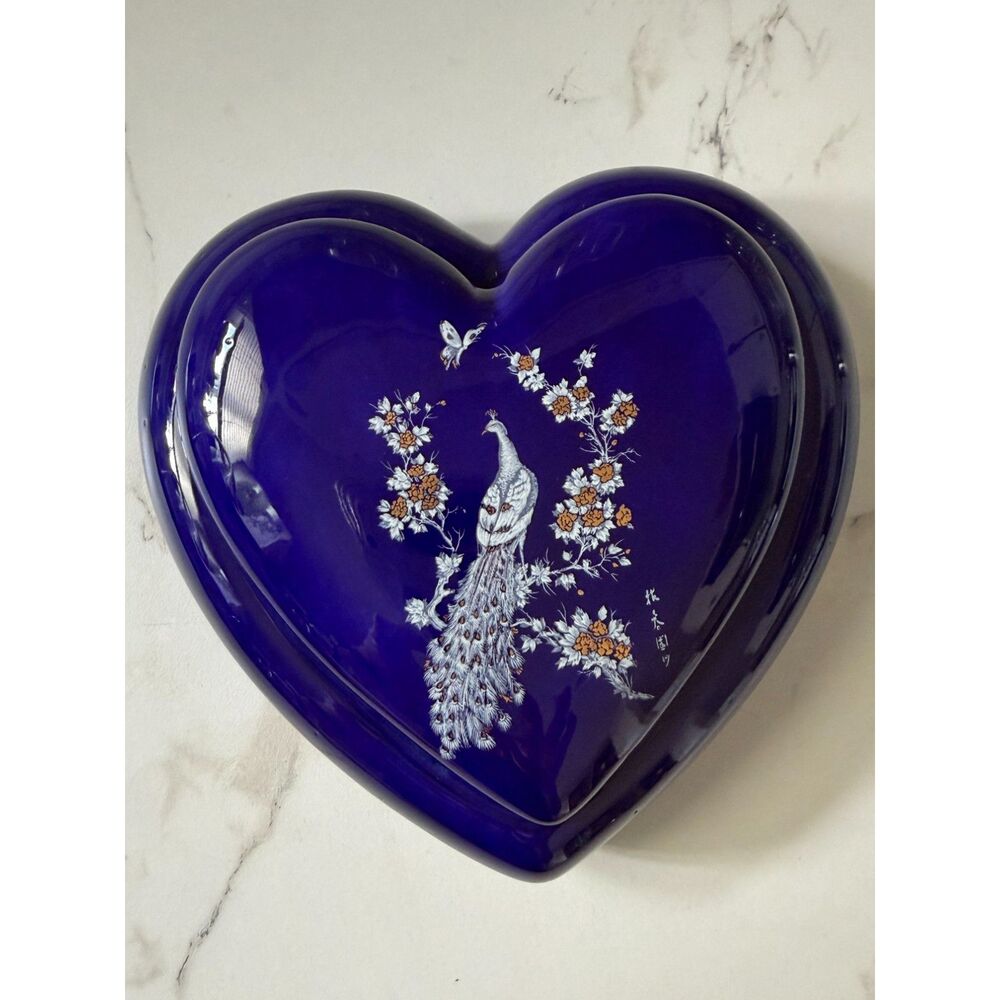 Vtg Japanese Cobalt Blue Porcelain Heart Trinket Box White Peacock MIJ